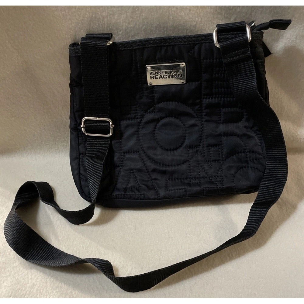Kenneth Cole Reaction Black Quilted Crossbody Bag Multiple Pockets Zip Close